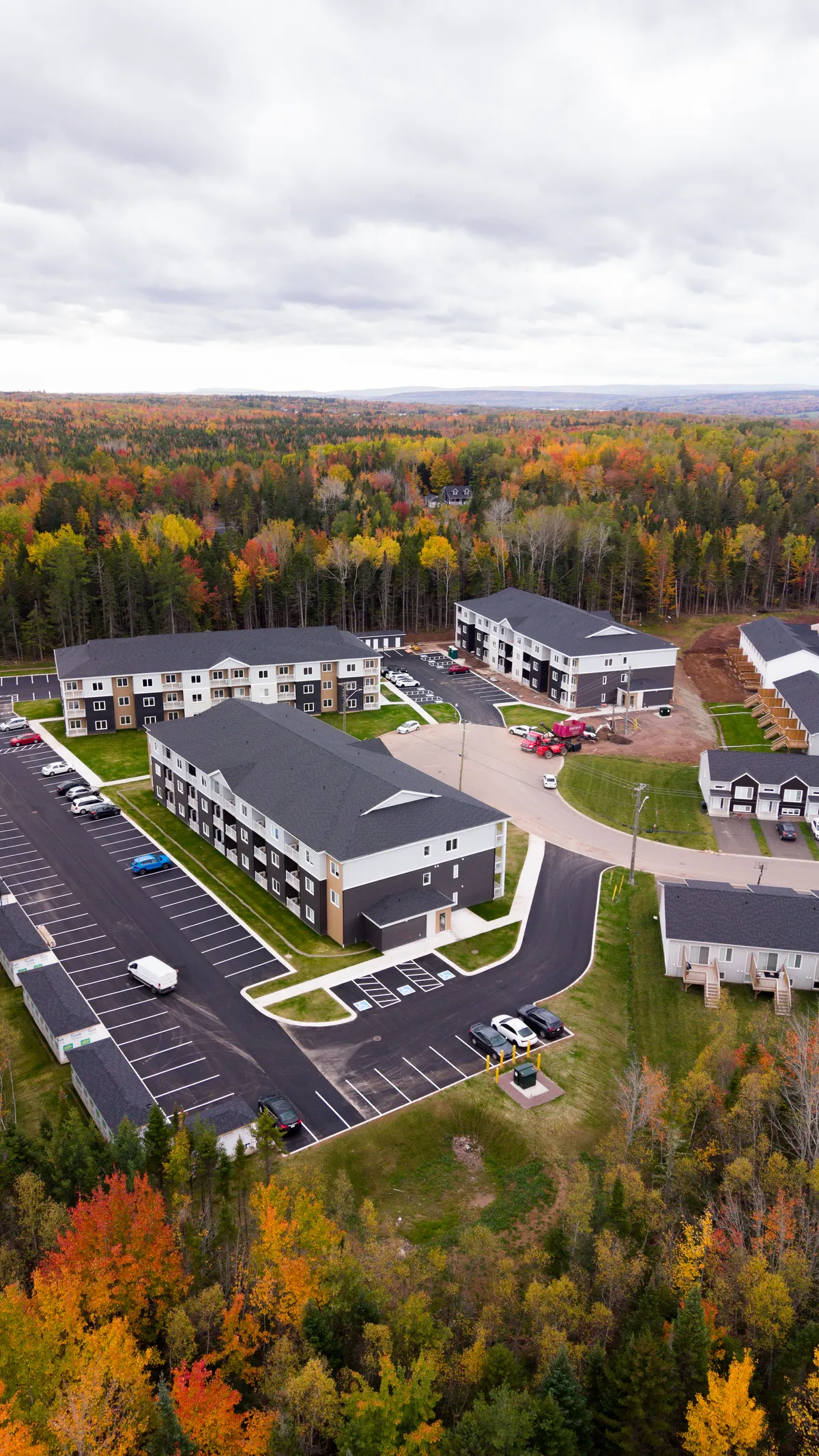 The Ali Habitations buildings on Elsliger Street from above, surrounded by autumn forest