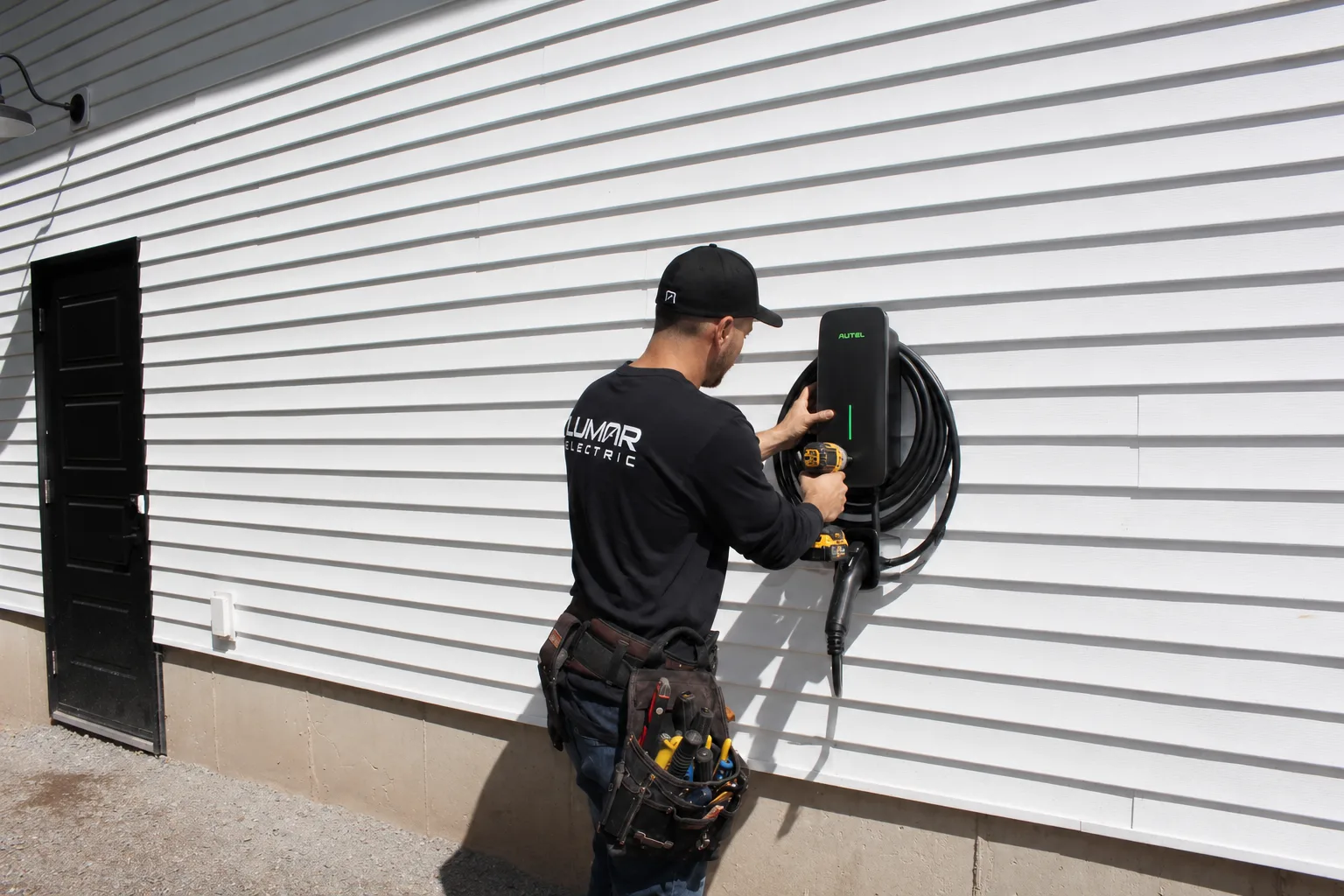 A LuMar Electric electrician mounting an EV charger on the outside wall of a house
