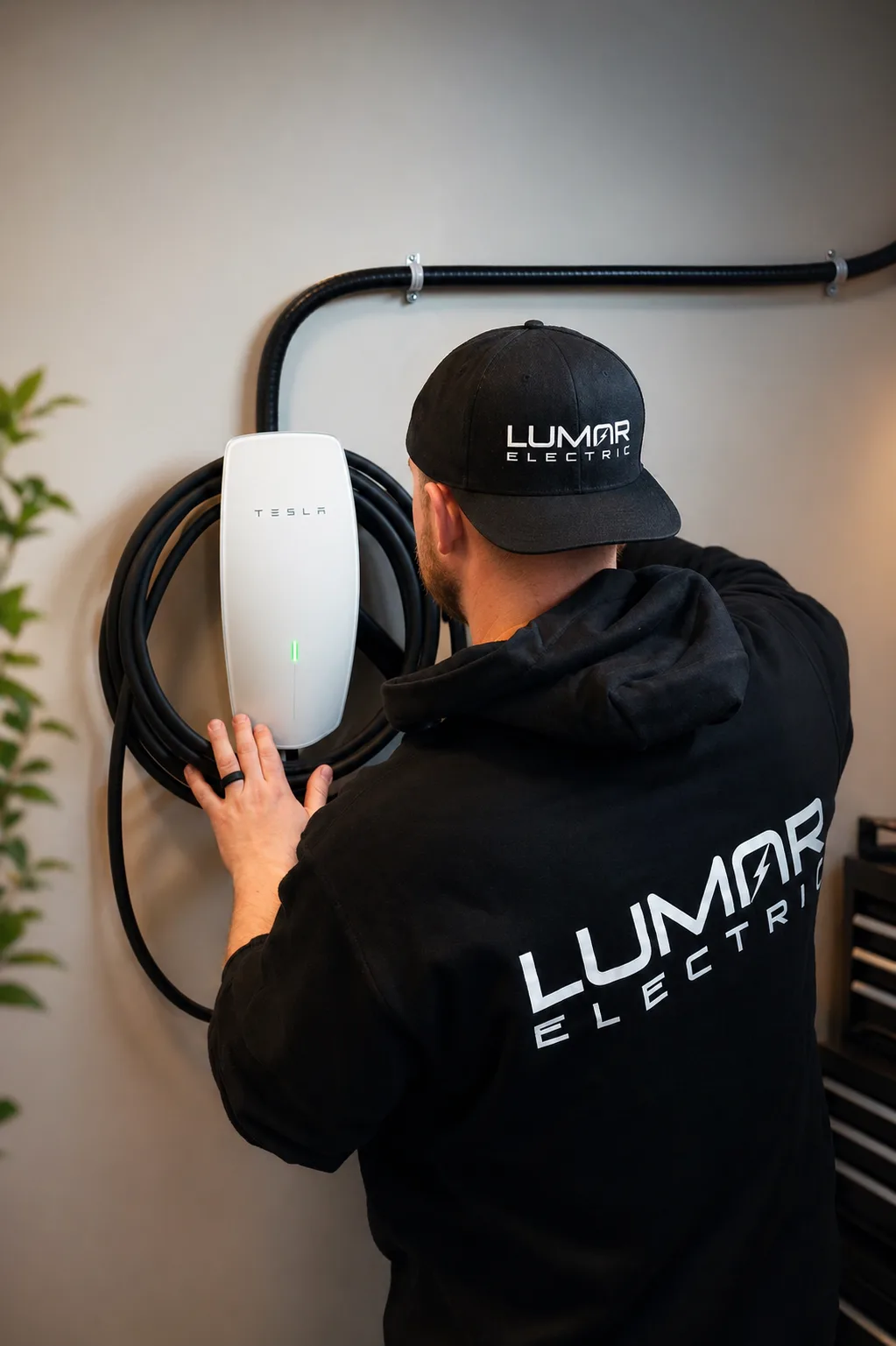 A LuMar Electric electrician checking a Tesla Wall Connector mounted on a garage wall